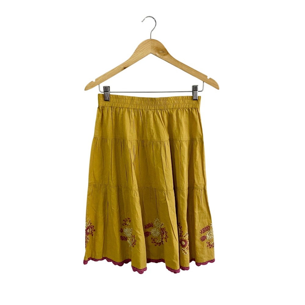 Sister Mary Boho Embroidered Tiered Midi Skirt Yellow Cottagecore Size S